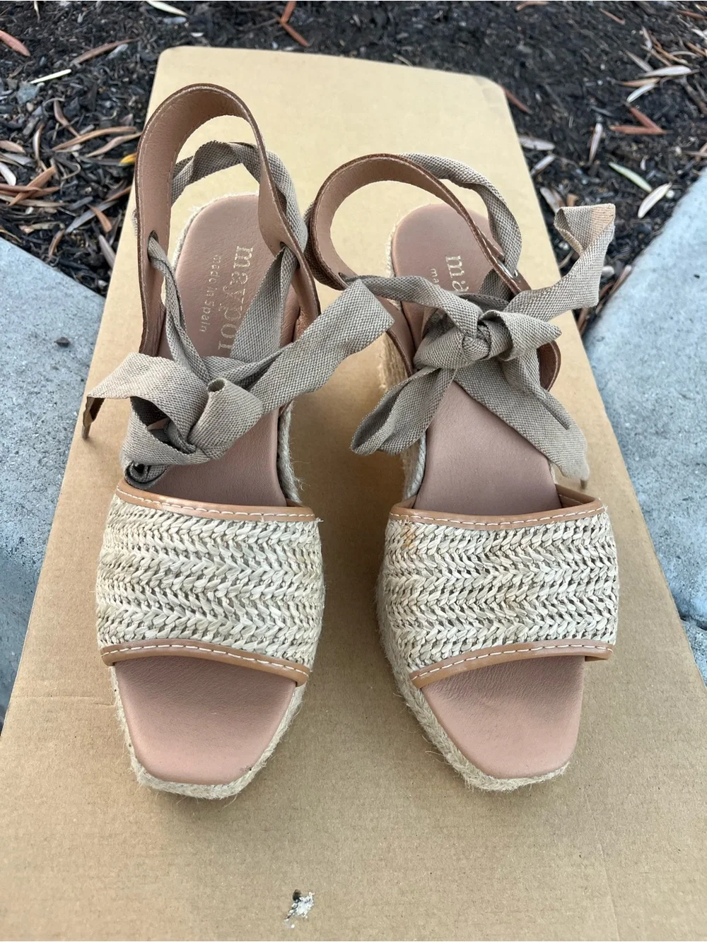 Natural Tan Raffia Espadrille Wedge Sandals with Ankle Tie